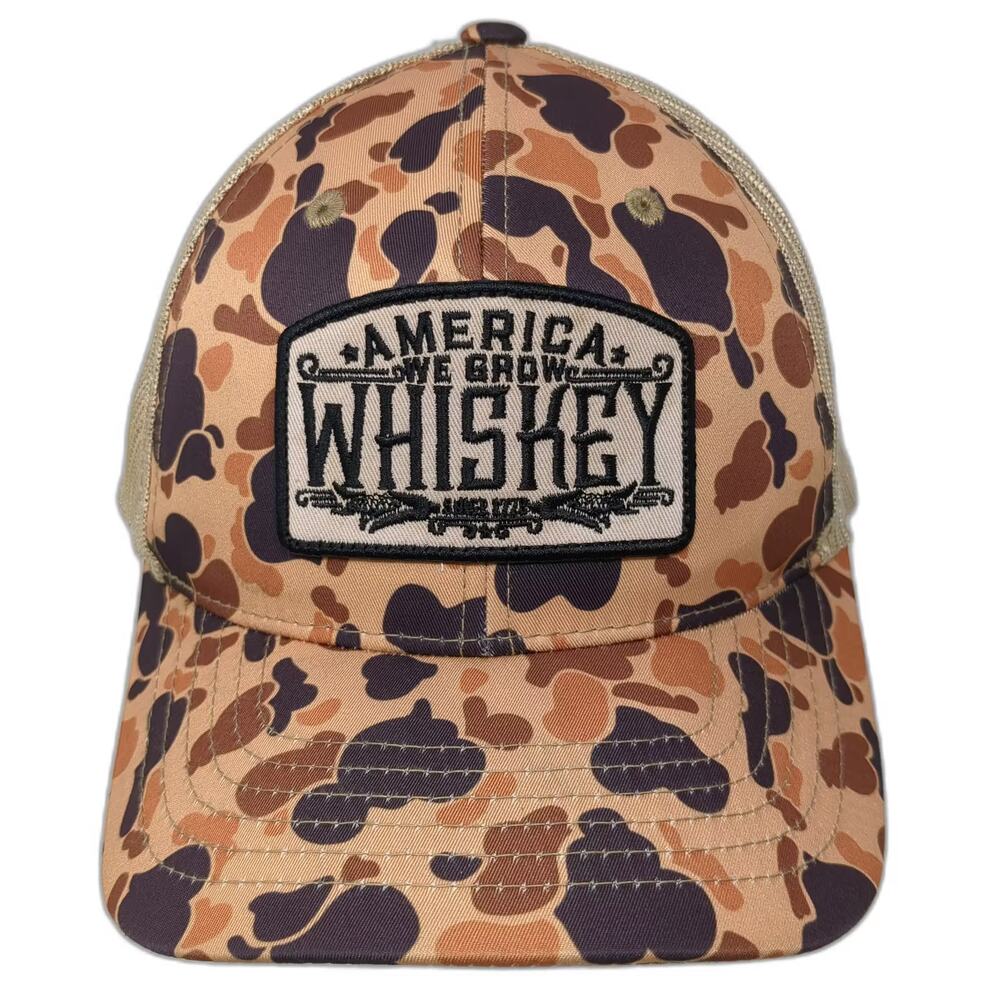 Rural Cloth America We Grow Whiskey Camo Trucker Hat Brown One Size Snapback